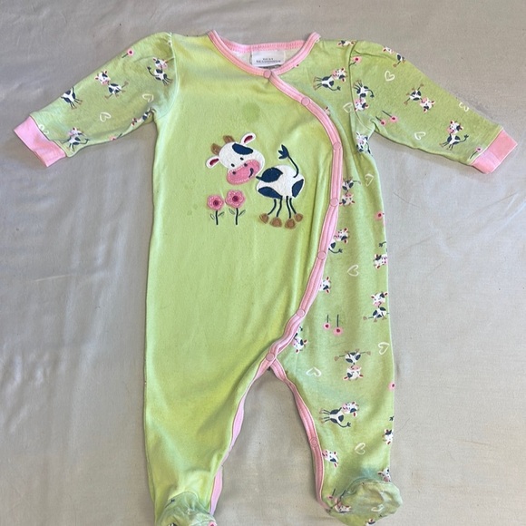 Little Me - Best Beginnings - Green and Pink Cow Print Kids One Piece Sleeper - Picture 1 of 2